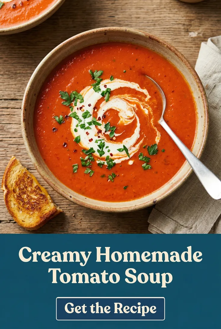 Recipe pin: a bowl of creamy tomato soup with a grilled cheese wedge, headlined "Creamy Homemade Tomato Soup"