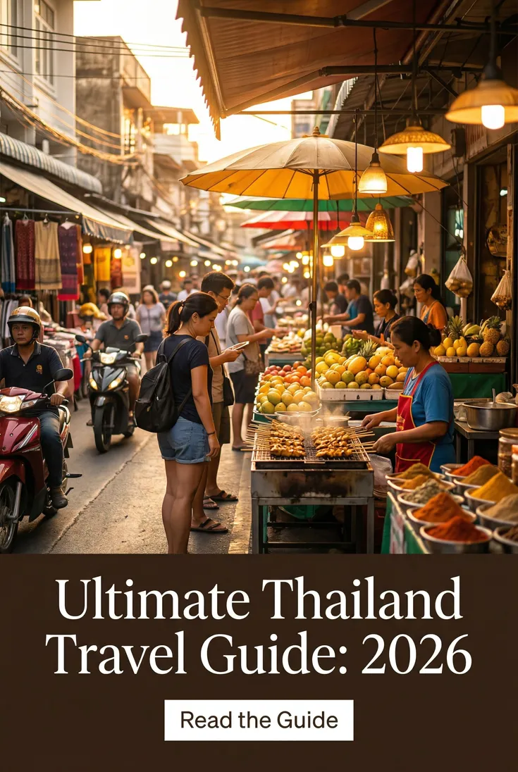Travel pin: a Thai street food market at golden hour, headlined "Ultimate Thailand Travel Guide: 2026"