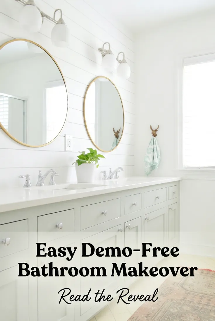 Home decor pin: a white bathroom with round gold-framed mirrors, headlined "Easy Demo-Free Bathroom Makeover"