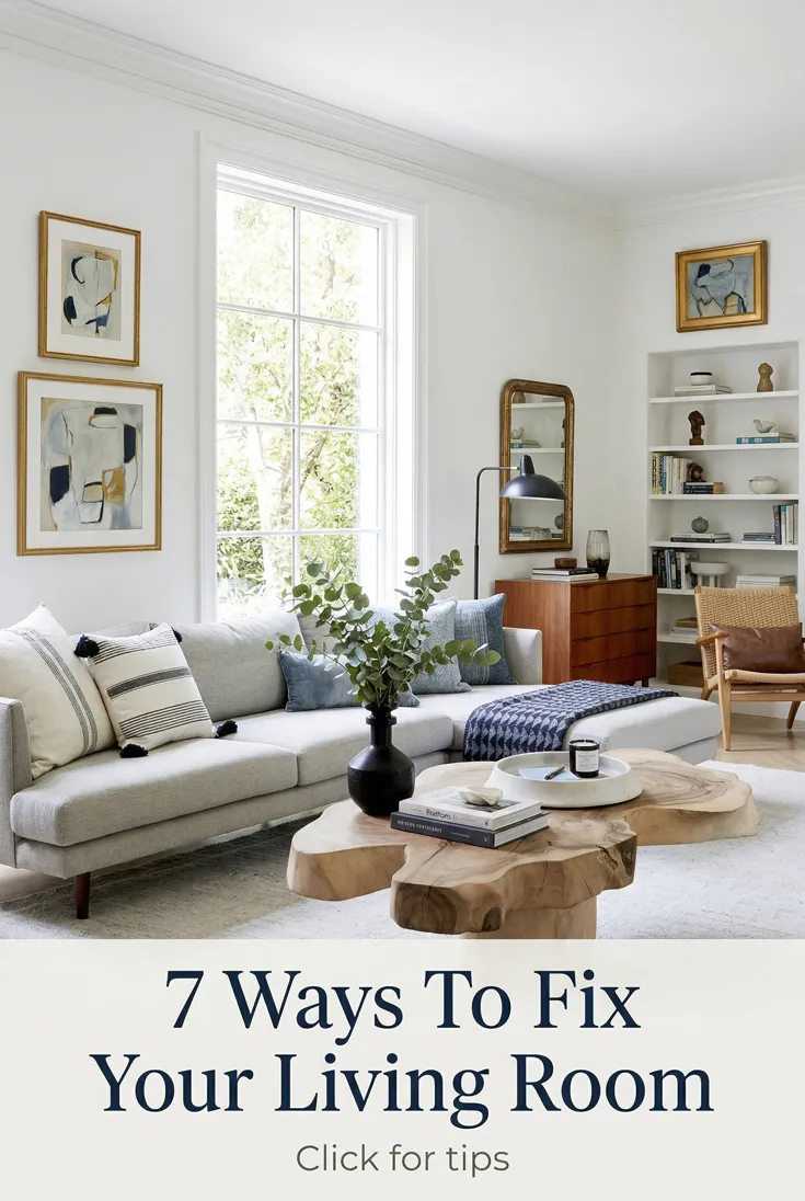 Home decor pin: a bright living room with a grey sofa and a live-edge wood coffee table, headlined "7 Ways To Fix Your Living Room"
