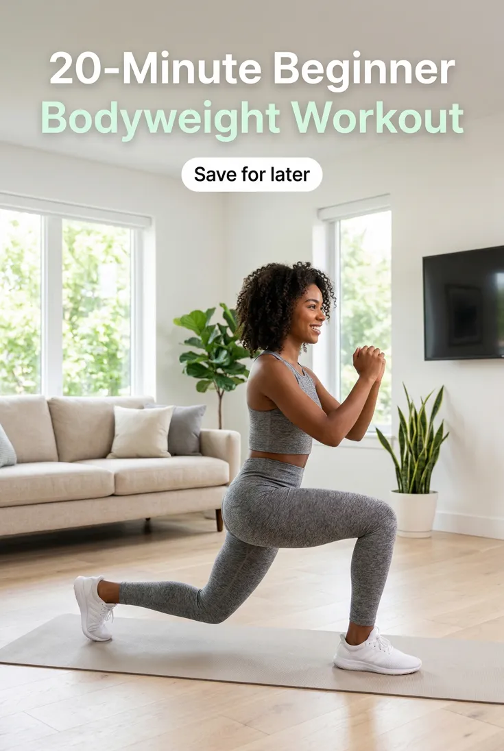 Fitness pin: a woman lunging on a mat in a bright living room, headlined "20-Minute Beginner Bodyweight Workout"