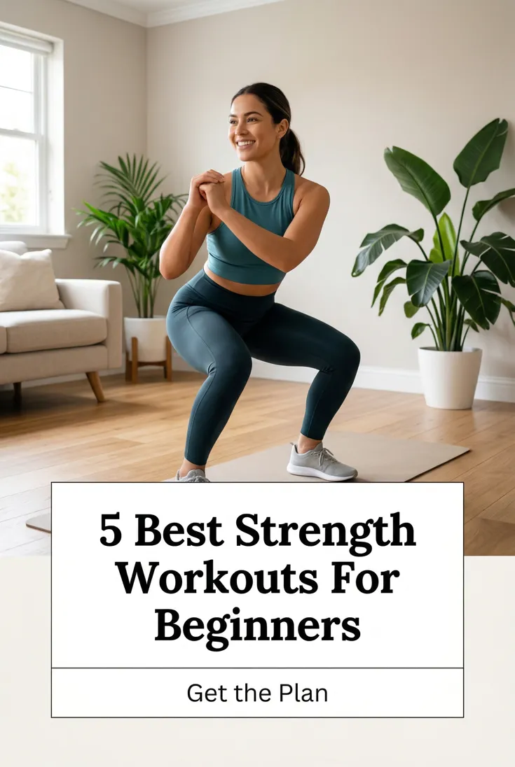 Fitness pin: a woman doing a bodyweight squat on a mat in a plant-filled living room, headlined "5 Best Strength Workouts For Beginners"