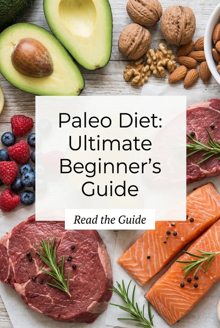 Nutrition pin: avocado, salmon, steak, nuts and berries on a board, headlined "Paleo Diet: Ultimate Beginner's Guide"