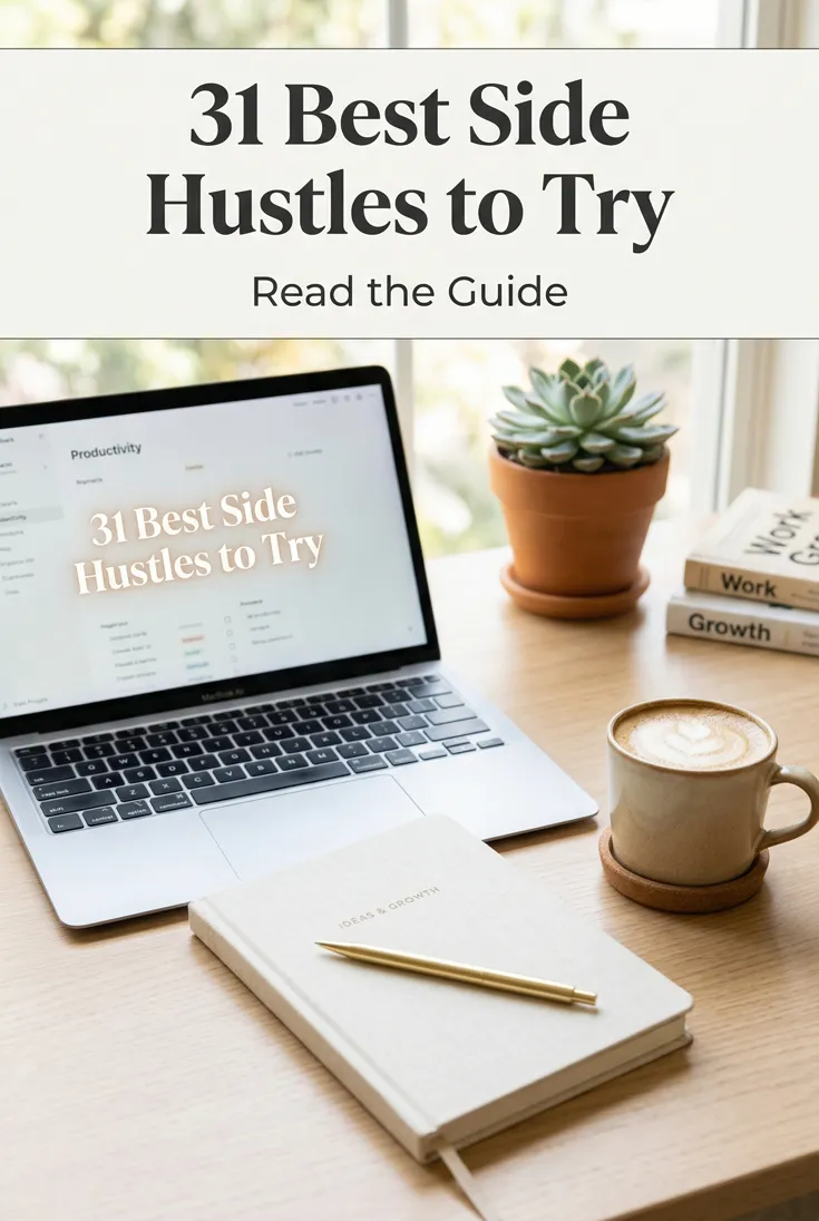 Personal finance pin: a laptop, notebook and coffee on a desk, headlined "31 Best Side Hustles to Try"