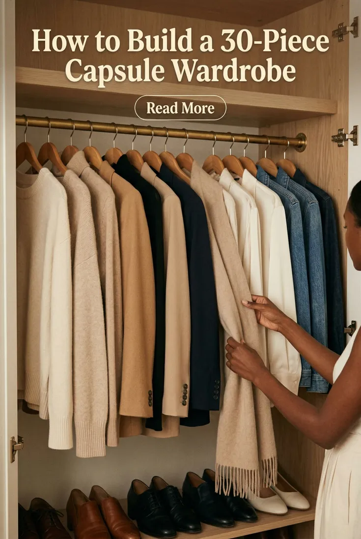 Fashion pin: a woman choosing a coat from a neutral-toned wardrobe, headlined "How to Build a 30-Piece Capsule Wardrobe"
