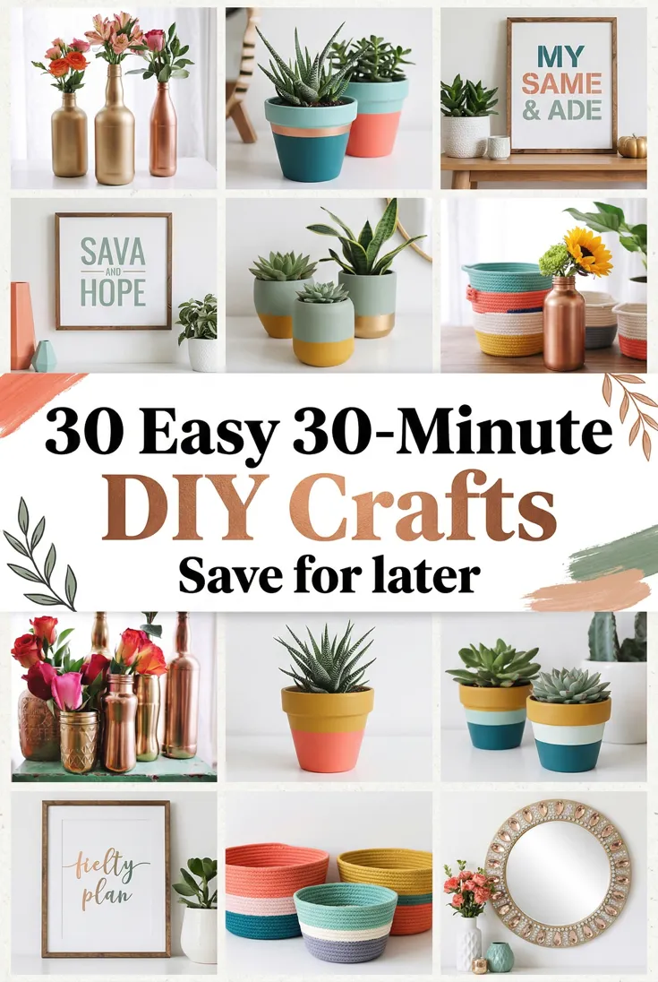 DIY pin: a grid of painted plant pots, gold-dipped bottles and rope baskets, headlined "30 Easy 30-Minute DIY Crafts"