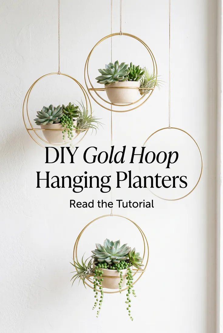 DIY pin: gold hoop hanging planters holding succulents on a white wall, headlined "DIY Gold Hoop Hanging Planters"