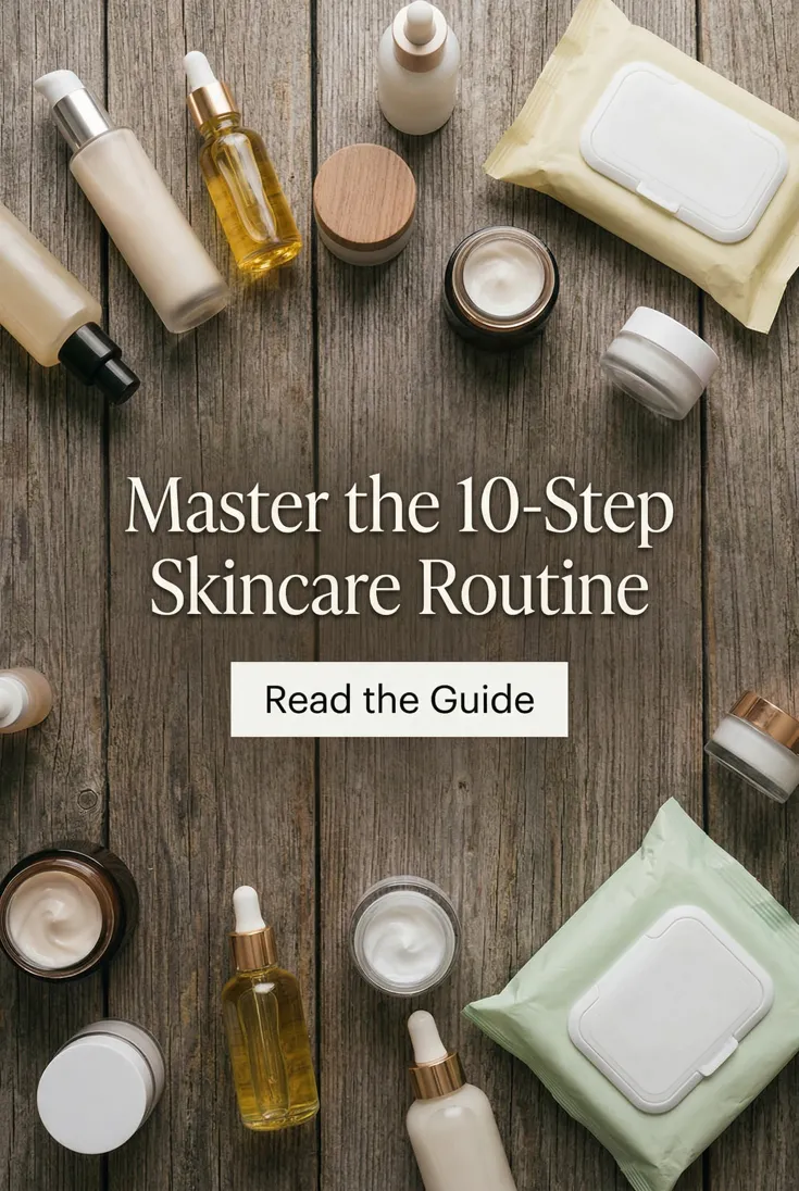 Beauty pin: skincare bottles and jars laid out on weathered wood, headlined "Master the 10-Step Skincare Routine"