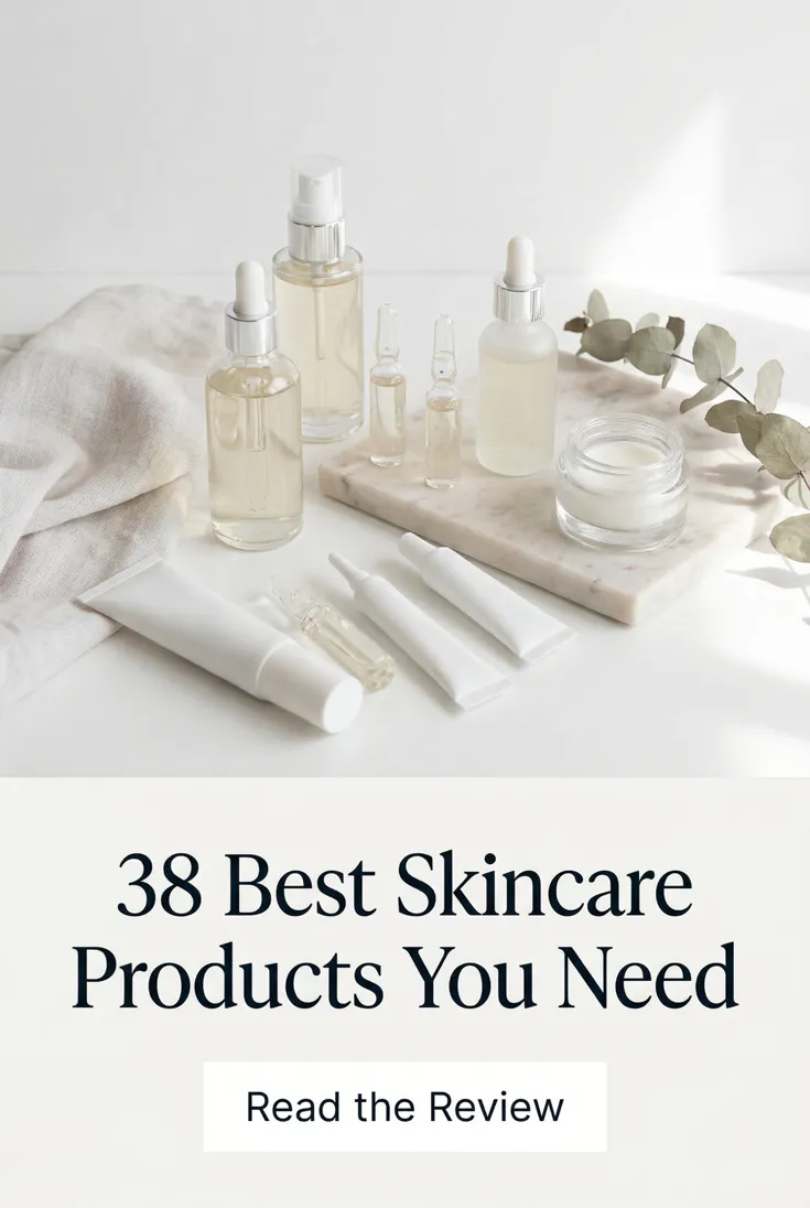 Beauty pin: skincare serums and cream on a marble surface, headlined "38 Best Skincare Products You Need"